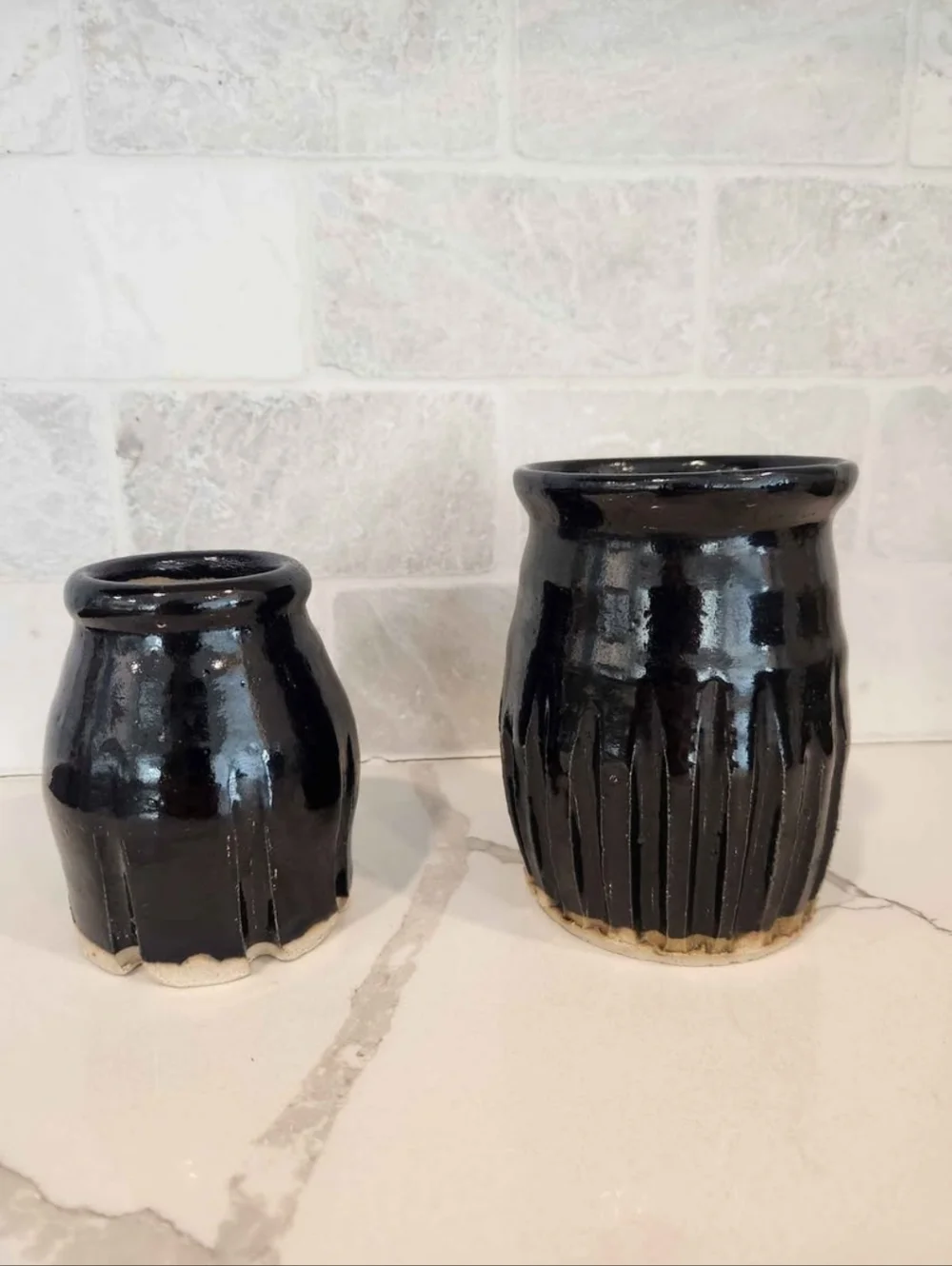 Handmade Pottery Black/Midnight Blue Glazed Ribbed Vases Small & Medium Set